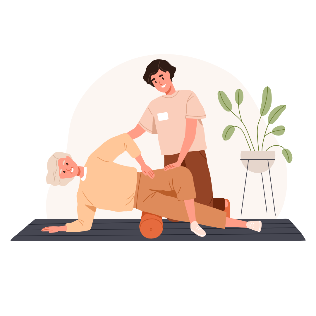 Frau macht Physiotherapie mit einer Sitzrolle und der Hilfe der Therapautin