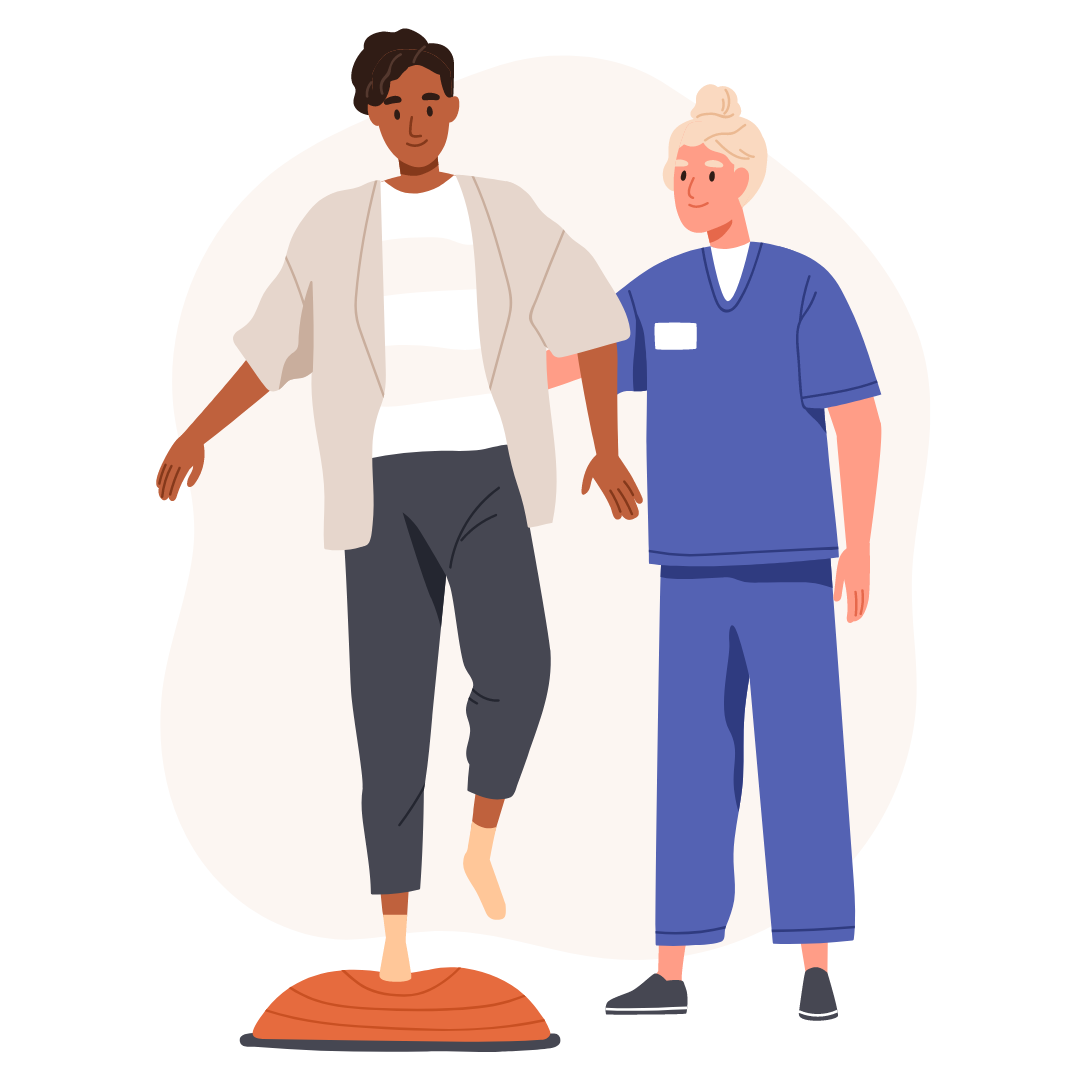 Mann mit Prothese übt laufen mit einem Physiotherapeuten