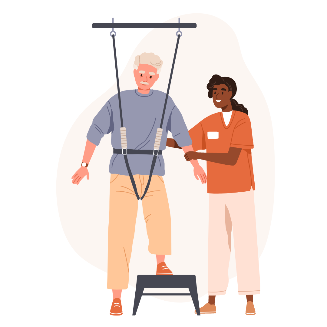 Mann der Physiotherapie mithilfe einer Physiotherapeutin angeht